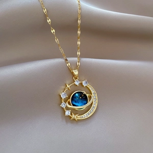 Titanium steel necklace with starry universe moon pendant and blue nebula stone detail