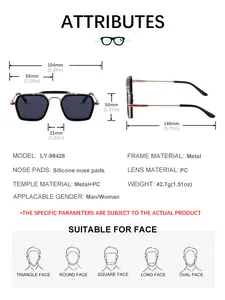 Detailed size chart for square frame sunglasses with metal temples and dimensions