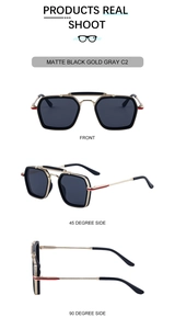 Three-angle view of vintage square sunglasses with gold metal bridge and matte black frames