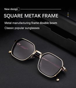 Detailed view of square gold metal sunglasses with double beam design and case