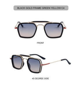 Front and side view of square sunglasses with double bridge and gradient lenses