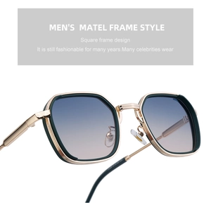 Detail of square metal sunglasses with gold frame and blue gradient lenses for men