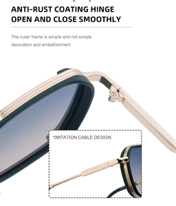 Detail of anti-rust coated hinge and imitation cable design on square sunglasses