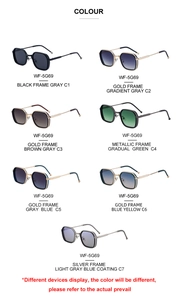 Multiple color options of square geometric sunglasses showing frames and lens variety