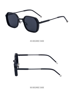Detail views of vintage black polygonal sunglasses with textured metal frames