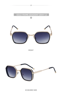 Detailed views of gold hexagonal sunglasses with gradient gray lenses and metal frames