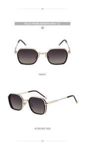 Front and side view of square gold metal sunglasses with brown gradient lenses