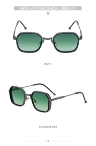 Detail of square metallic frame sunglasses with gradient green lenses in C4 colorway