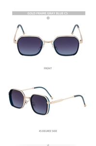 Gold square frame sunglasses with blue gradient lenses shown from front and side views