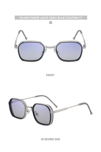 Front and 45-degree side views of silver square metal sunglasses with grey-blue lenses