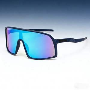 Polarisierte Sport-Sonnenbrille mit blau-violetter Verspiegelung und blauem Rahmen