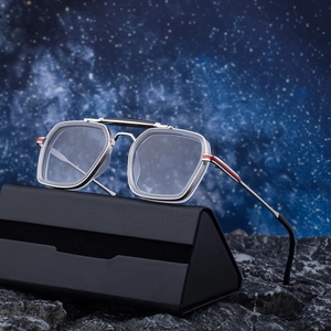 Square silver metal sunglasses with red-white stripes on arms and black leather case