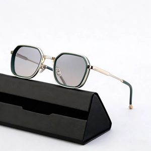 Chic gold frame rectangular sunglasses with gradient lenses and triangle leather case