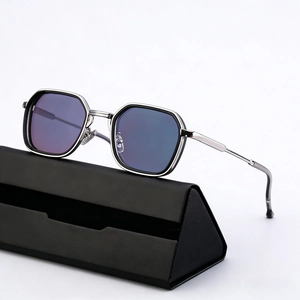 Silver square frame sunglasses with blue gradient lenses and geometric metal frame