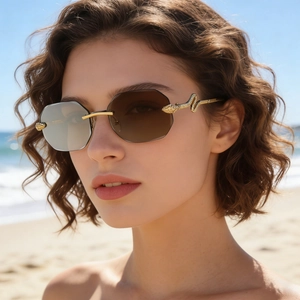 Lunettes de soleil octogonales sans monture avec branches serpent dorées sur modèle