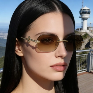 Détail de lunettes sans monture avec verres dégradés et branches dorées en serpent