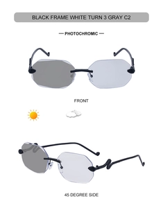 Détail de lunettes de soleil photochromiques sans monture avec branches en métal ondulées