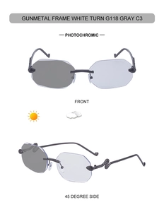 Détails de lunettes de soleil sans monture avec branches serpent et verres photochromiques