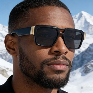 Men's fashion square oversized sunglasses with gold metal hinges on snow mountain background