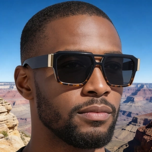 Detail of square oversized sunglasses with gold metal accents on a male model outdoors