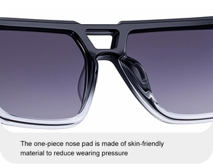 Detail of integrated skin-friendly nose pads on black oversized sunglasses for comfort