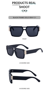 Three-angle view of square black sunglasses with gold metal accents and gray lenses