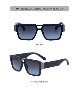 Front and side view of matte black oversized sunglasses with gunmetal accents