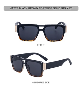 Detail of matte black and tortoise square sunglasses with gold metal hinge accents