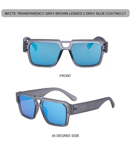 Macro view of matte transparent gray square sunglasses with blue reflective coating