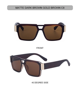 Front and side view of matte dark brown double bridge sunglasses with gold details