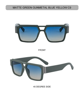 Front and side views of matte green square sunglasses with blue yellow gradient lenses