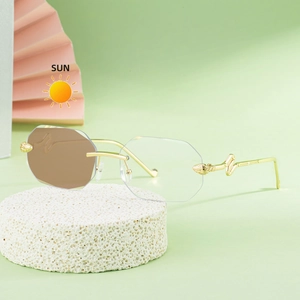 Lunettes de soleil sans monture à verres changeants et branches serpent doré
