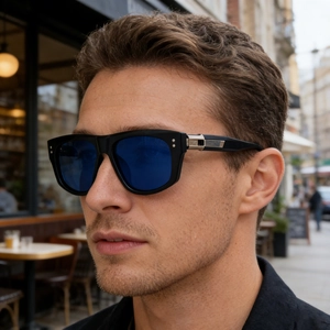 Close-up of black frame sunglasses with blue lenses and textured metal temple detail