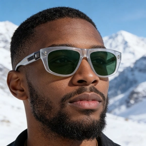 Close-up of polarized cat-eye sunglasses with transparent grey frames on a male model