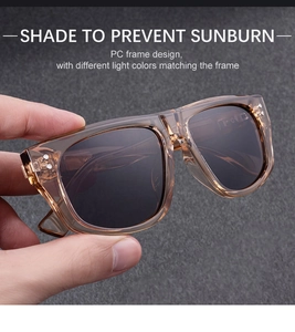 Detail of champagne PC frame sunglasses with gray lenses and metallic rivet accents