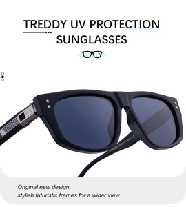 Detail of matte black sunglasses frame with silver studs and UV protection text