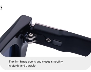 Close-up of the sturdy metal hinge construction on durable black cat-eye sunglasses