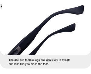 Detail of matte black sunglasses temples with anti-slip texture and comfort fit design