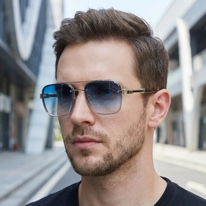 Classic gold metal aviator sunglasses for men with blue gradient lenses and double bridge
