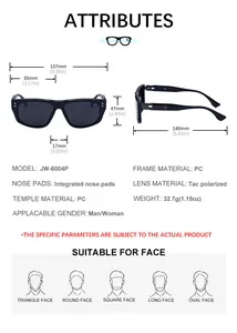 Detailed size guide and measurements for polarized cat-eye sunglasses including frame dimensions