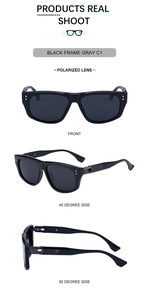 Detailed views of black cat-eye polarized sunglasses from front and side angles