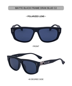 Detail view of matte black sunglasses with polarized blue lenses from 45-degree angle