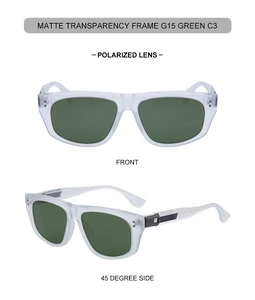 Detail view of matte transparent polarized sunglasses with G15 green lenses and square frame