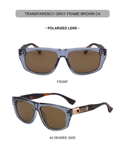 Detail view of transparent grey square frame sunglasses with brown polarized lenses