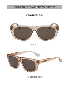 Front and 45-degree views of champagne polarized cat eye sunglasses with brown gray lenses