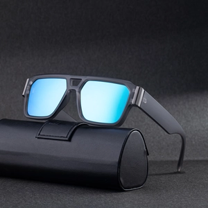 Fashion large frame sunglasses with blue lenses and grey matte frame with leather case