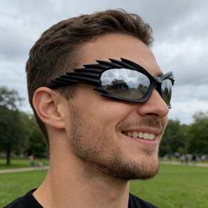 Y2K sporty windproof sunglasses with 3D wing frame and silver reflective lenses