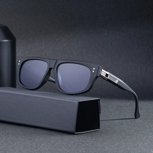 Men's matte black square polarized sunglasses with silver rivets and hard case