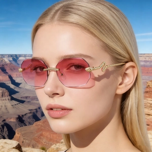 Rimless Sunglasses Square Hexagon PC Lenses Metal Snake Shaped Temples UV Protection Outdoor Trendy Eyewear For Women