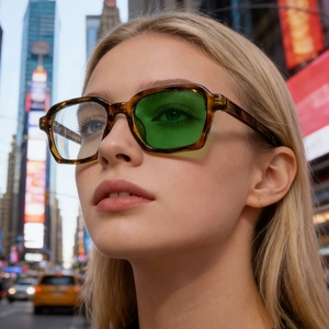 Close-up of stylish tortoiseshell square sunglasses featuring photochromic green lenses